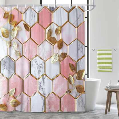 JAWO Pink Shower Curtain, Modern Abstract Geometric Shower Curtains for Bathroom Decor, Gold Leaves Waterproof Polyester Fabric Shower Curtain with 12 Hooks, 36x72