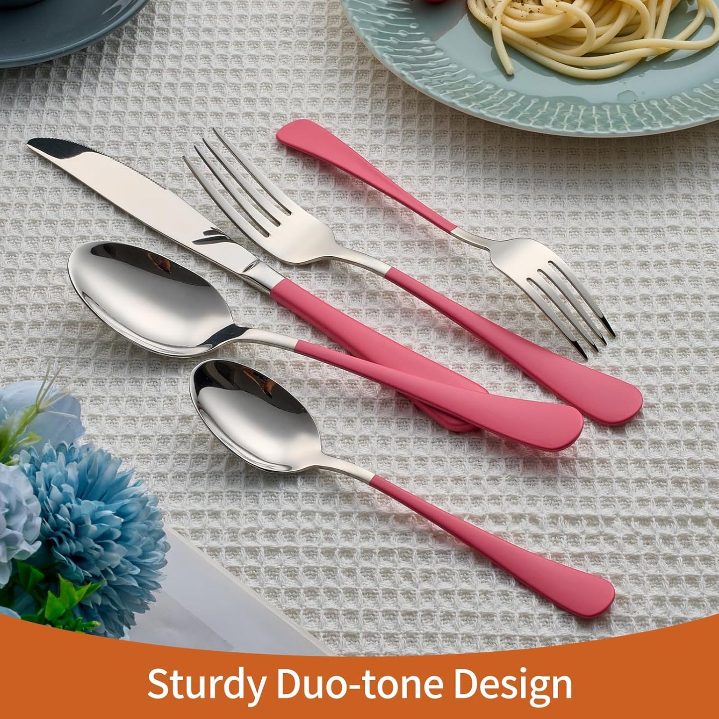 20 Piece Pink 18/0 Flatware Utensil Set for 4, Include Dinner Knife,Dinner Forks,Dinner Spoons,Salad Forks,Teaspoons,Silverware Set for 4, Dishwasher Safe