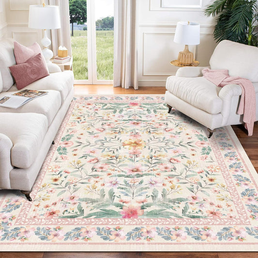 Washable Boho Area Rug 3'×5' Pink Green Beige Large Living Room Rug Floral Non-Slip Color Soft Oriental Vintage Bedroom Carpet Dining Room Nursery Home Office Indoor Decor
