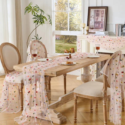 BINBE 1pcs Pink Daisy Spring Table Runner Embroidery Gauze 10FT Florals Seasonal Tulle Holiday Birthday Kitchen Dining Table Decor for Home Party