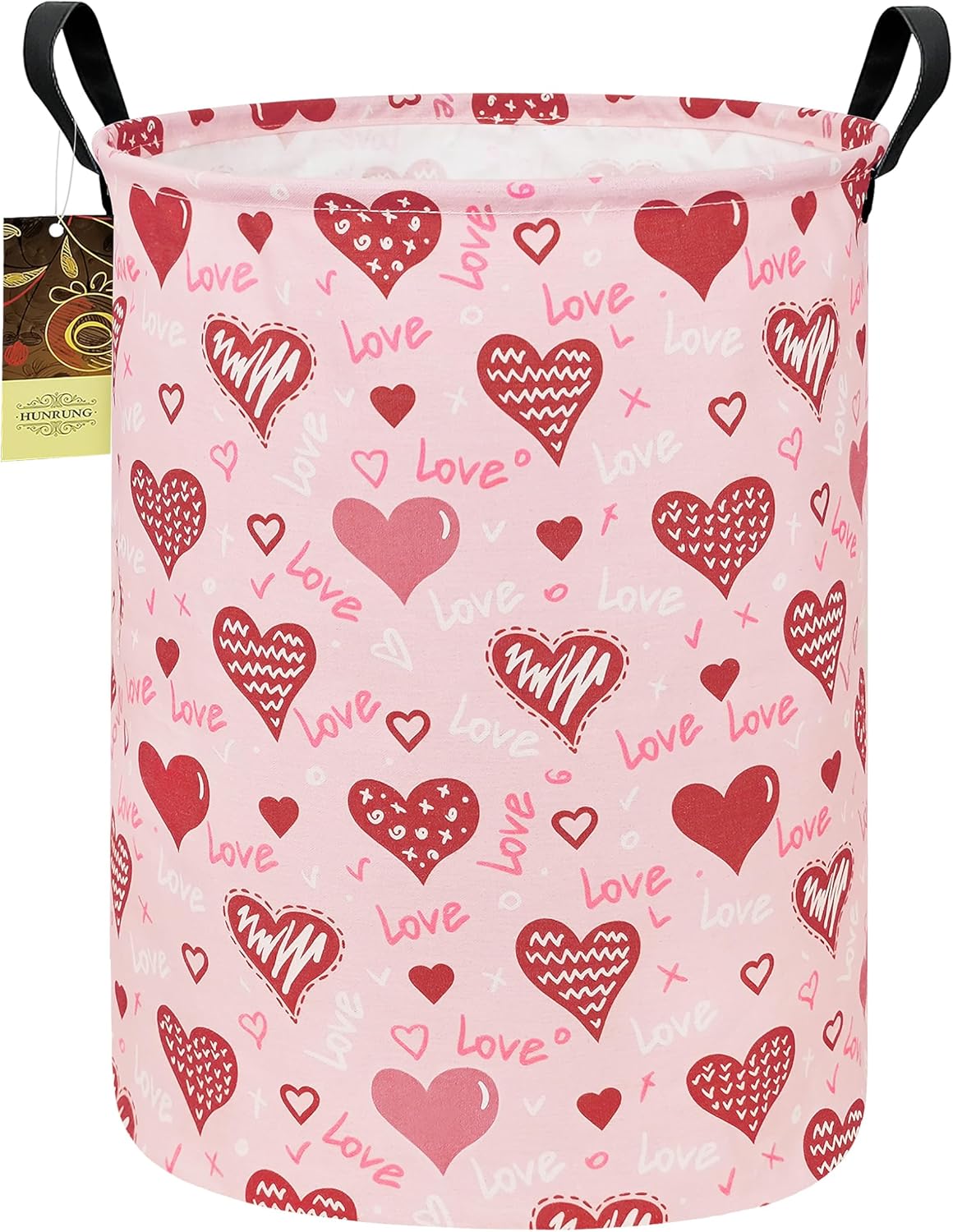 Heart Collapsible Fabric Storage Basket, Waterproof Laundry Hamper with Handles, Round Storage Bin for Clothes Toys, Foldable Organizer for Bedroom Nursery Bathroom(Round-Pink Love Heart)