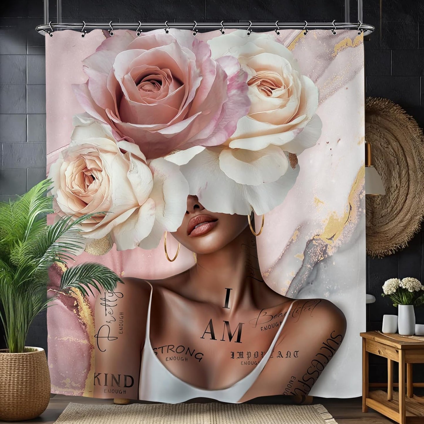 African American Flower Rose Bathroom Shower Curtain 60W by 71H Inch Sexy Pink Black Girl Woman Marble Inspirational Motivational Positive Polyester 12 Plastic Hooks Waterproof Decor