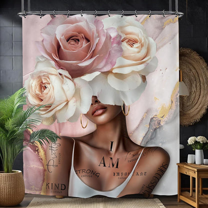 African American Flower Rose Bathroom Shower Curtain 60W by 71H Inch Sexy Pink Black Girl Woman Marble Inspirational Motivational Positive Polyester 12 Plastic Hooks Waterproof Decor