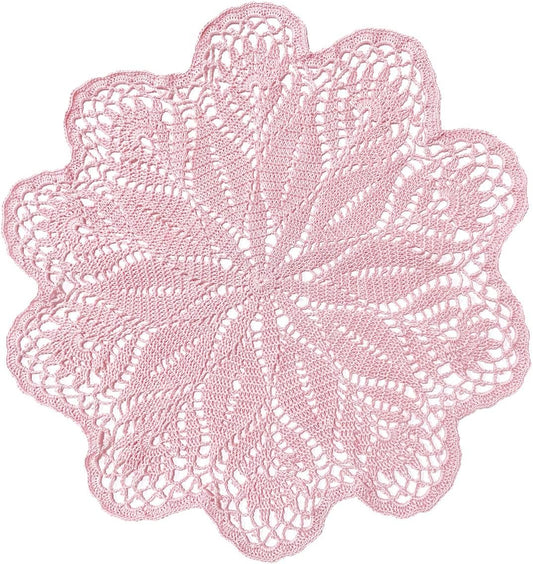 18 in to 20 in Lace Placemat Table Doily Round Handmade Crochet Lily Flower Doilies Wedding Decoration for Bedroom Kitchen Office Desk (1pc, Lily-Pink)
