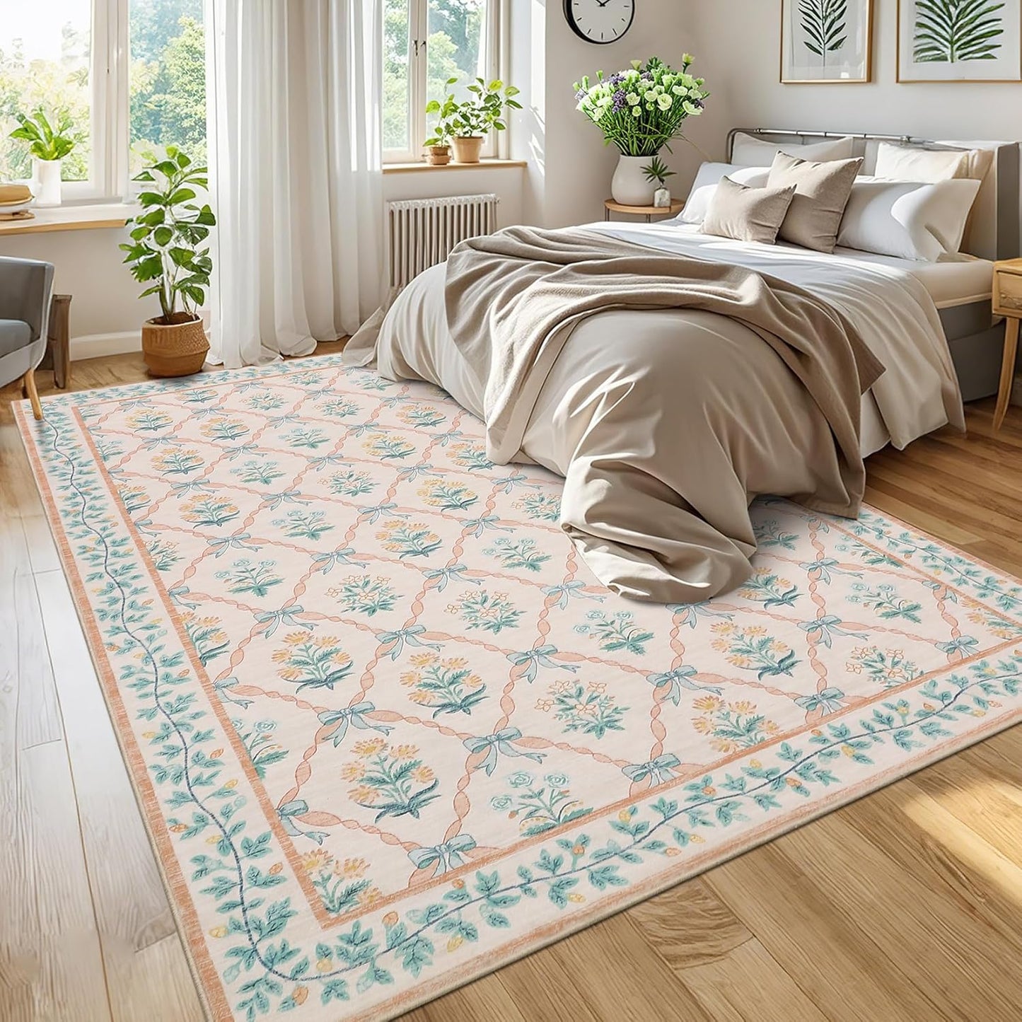 ROYHOME Area Rugs 9x12 Living Room, Pink Washable Rug for Bedroom Girl with Coquette Bow Floral Pattern Non Slip Low-Pile Stain Resistant Large Throw Carpet for Dining Room Dorm Nursery, Pink