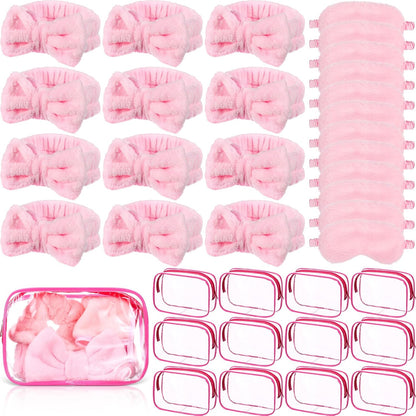 Hoteam 36 Pcs Sleepover Party Supplies 12 Spa Headband 12 Plush Sleep Eye Mask 12 Clear Cosmetic Bags Makeup Headband for Washing for Adult Spa Party Favor Graduation Beauty Gift(Pink)