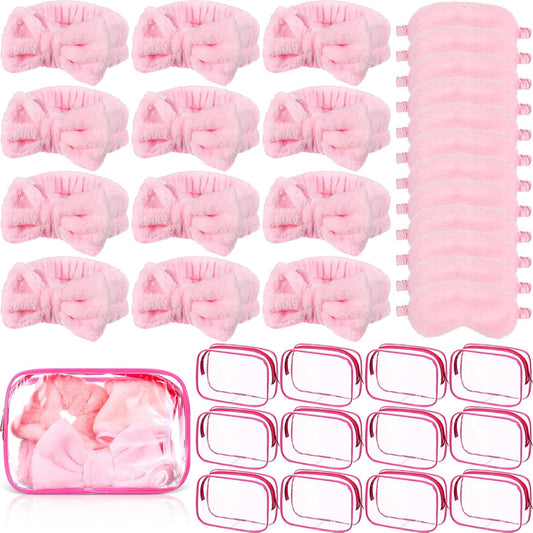 Hoteam 36 Pcs Sleepover Party Supplies 12 Spa Headband 12 Plush Sleep Eye Mask 12 Clear Cosmetic Bags Makeup Headband for Washing for Adult Spa Party Favor Graduation Beauty Gift(Pink)