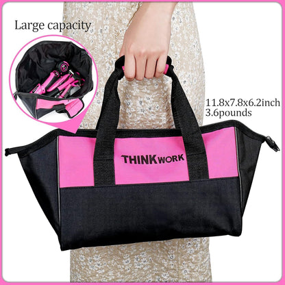 THINKWORK 41 Piece Pink Tool Set - Lady's Hand Tool Set with 3.6V Rotatable Electric Screwdriver, Home Repairing Tool Kit for Women with Large Mouth Open Tool Bag, Perfect for Home DIY, Daily Use