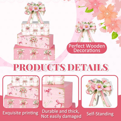 4 Pcs Pink Flower Bow Table Decorations Pink Flower Table Centerpiece Proposal Wedding Wooden Sign Tiered Tray Spring Decor Books Stack Signs Block for Wedding Home Office Decorations Shelf