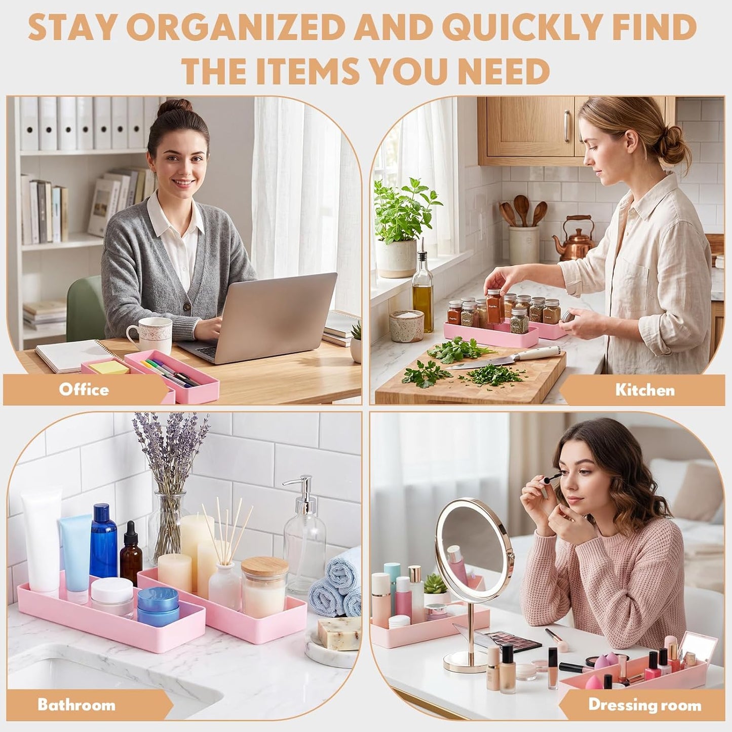 Teling 2 Pcs Pink Large Rectangular Desk Organizer Set, Half Accessory Tray, Plastic Tabletop Organizer for Office, Home, or Study, Dimensions: 9.45 x 2.95 x 1.38 Inches
