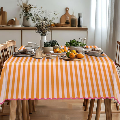 Whaline Scalloped Edge Tablecloth, Orange Pink Striped, 55 x 70 Inch | Waterproof Fabric Tablecloth, Rectangle Table Cover, for Home Kitchen Table Decoration