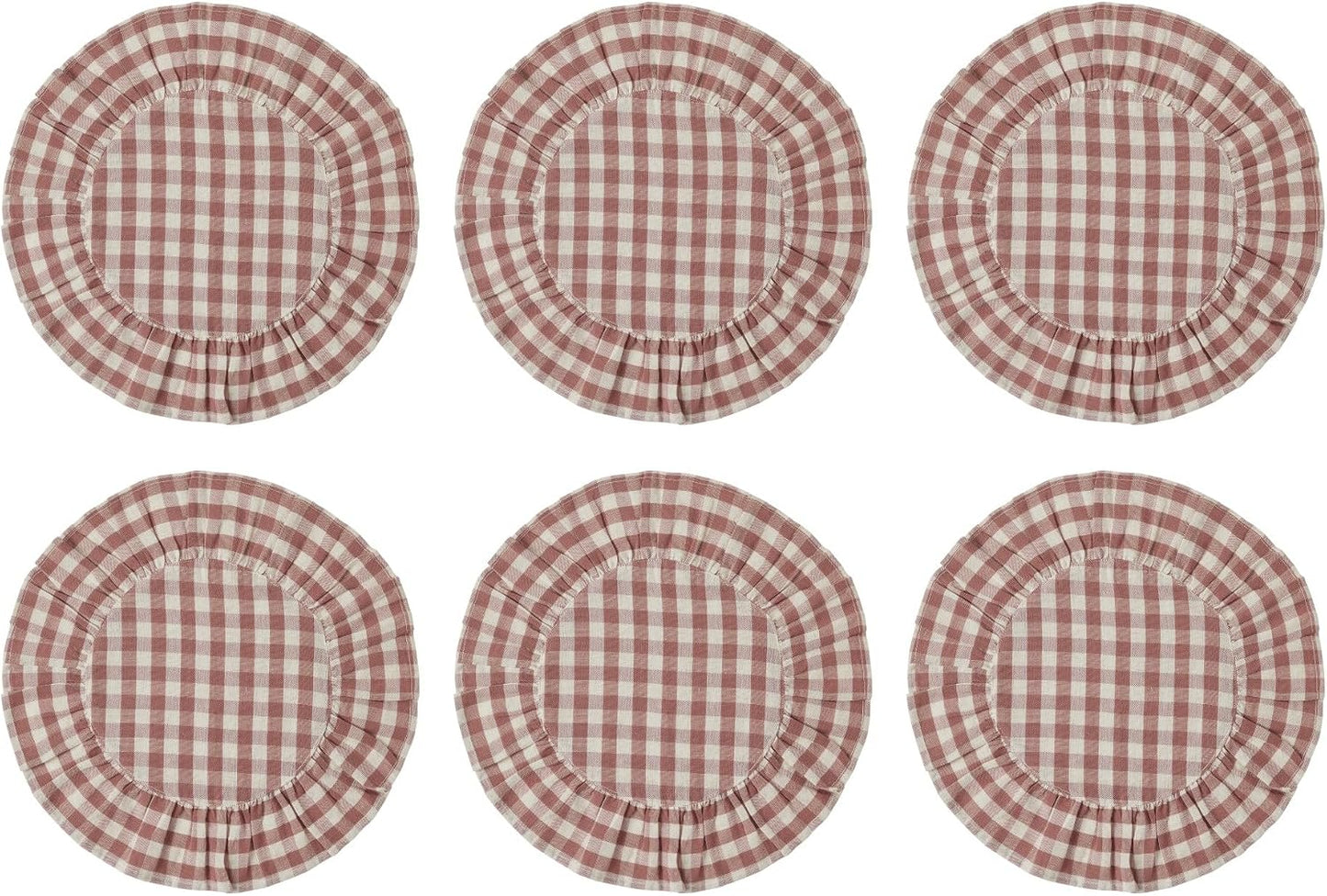 VHC Brands Rosehill Cottage Dusty Rose Gingham Round Ruffled Cotton Placemats - Set of 6-15in Pink & Natural Table Mats