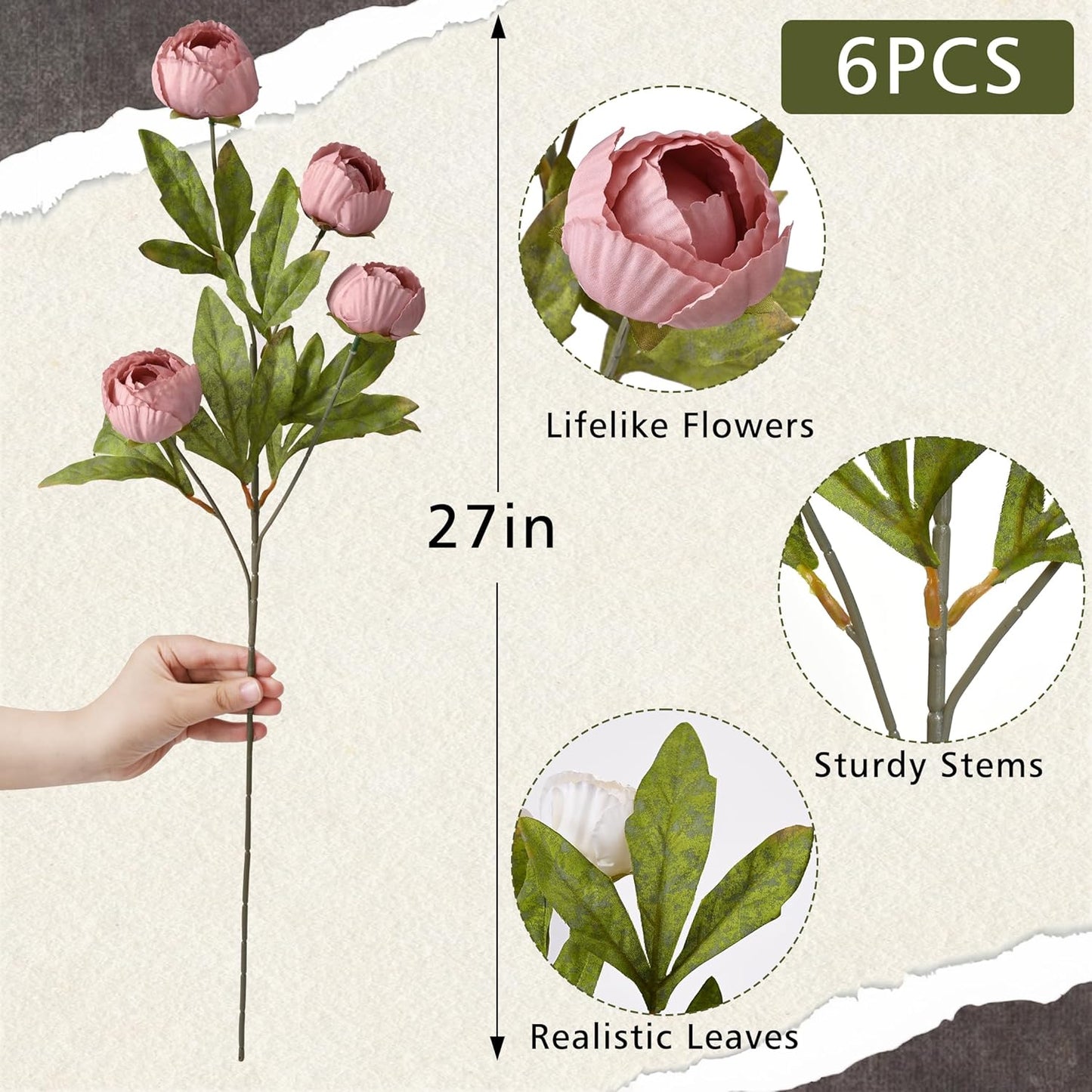 Waipfaru 6 Pcs Faux Peonies Artificial Flowers for Vase, 27" Fake Silk Peonies Flowers for Wedding, Vase Filler Pink Flowers for DIY Bouquets Centerpieces Bridal Shower Office Decor