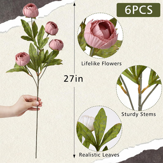 Waipfaru 6 Pcs Faux Peonies Artificial Flowers for Vase, 27" Fake Silk Peonies Flowers for Wedding, Vase Filler Pink Flowers for DIY Bouquets Centerpieces Bridal Shower Office Decor