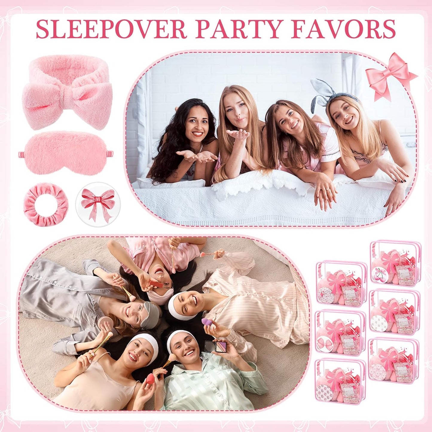 Honeydak 120 Pcs Pink Spa Sleepover Party Favors Coquette Bow Bracelets Eye Mask Wristband Scrunchie Spa Headband Mirror Hair Comb Bow Cards Claw Clips Bowknot Makeup Bags for Slumber Party Supplies