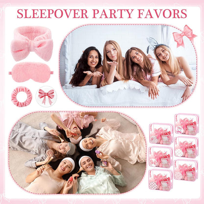Honeydak 120 Pcs Pink Spa Sleepover Party Favors Coquette Bow Bracelets Eye Mask Wristband Scrunchie Spa Headband Mirror Hair Comb Bow Cards Claw Clips Bowknot Makeup Bags for Slumber Party Supplies