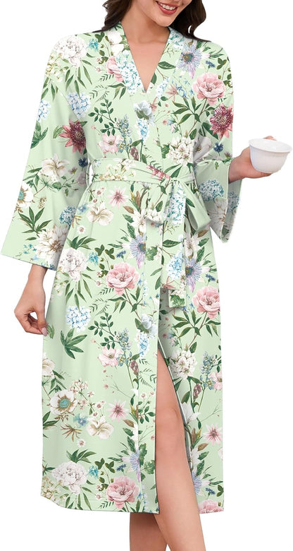 Soft Robes for Women V-Neck Printed Kimono Bathrobe Lightweight Long Bath Robe Casual Loungewear with Pockets