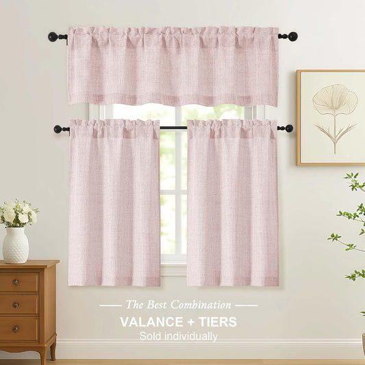 Blush Pink Valance for Windows - Thick Textured Fabric Light Filtering Small Window Valance Kitchen Curtain, Dual Rod Pocket Short Curtain for Cafe Basement Bathroom, 1 Panel, 52Wx12L Inches