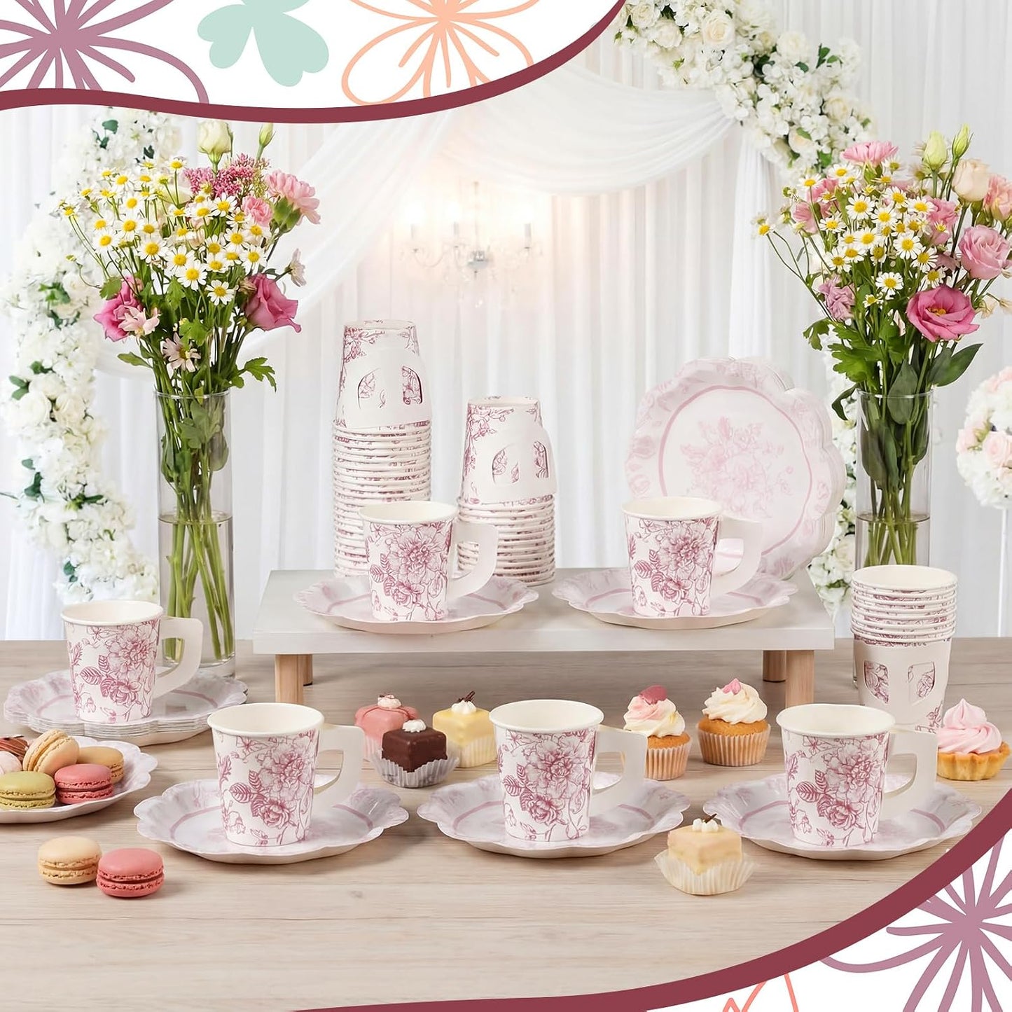 FoldTier 100 Pcs Tea Party Plates and Cups Pink Floral Party Supplies Paper Tea Cups and Saucers Disposable Tableware Sets for Chinoiserie Wedding Baby Shower Birthday Decor Serves 50 Guests