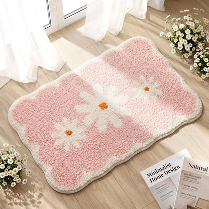 Breling Pink Daisy Bathroom Rugs Cute Scalloped Edge Flocked Bath Mat Soft Tufted White Flower Rug Non Slip Super Absorbent Machine Washable Bathtub Mats for Shower, 24 x 16 Inches