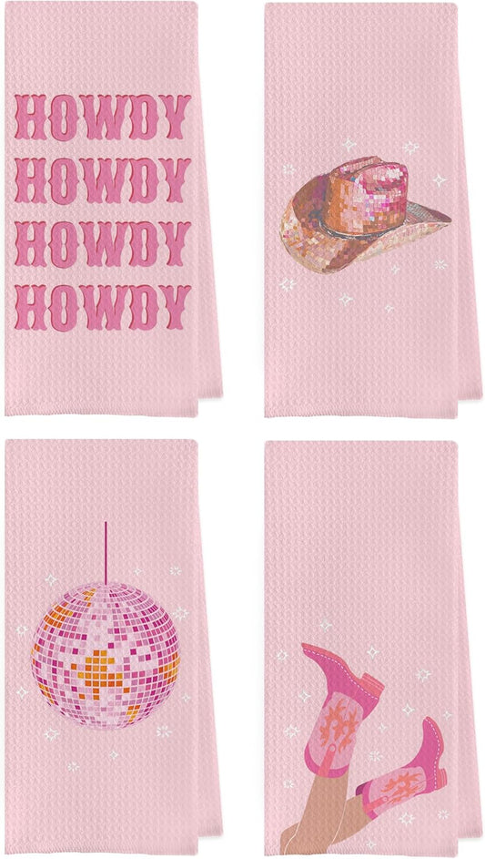 Pink Cowgirl Kitchen Towels Set - Pink Western Cowgirl Dish Towels, Western Kitchen Bathroom Decor, Preppy Y2k Howdy Disco Ball Hand Tea Towels (16×24 Inches Set of 4)