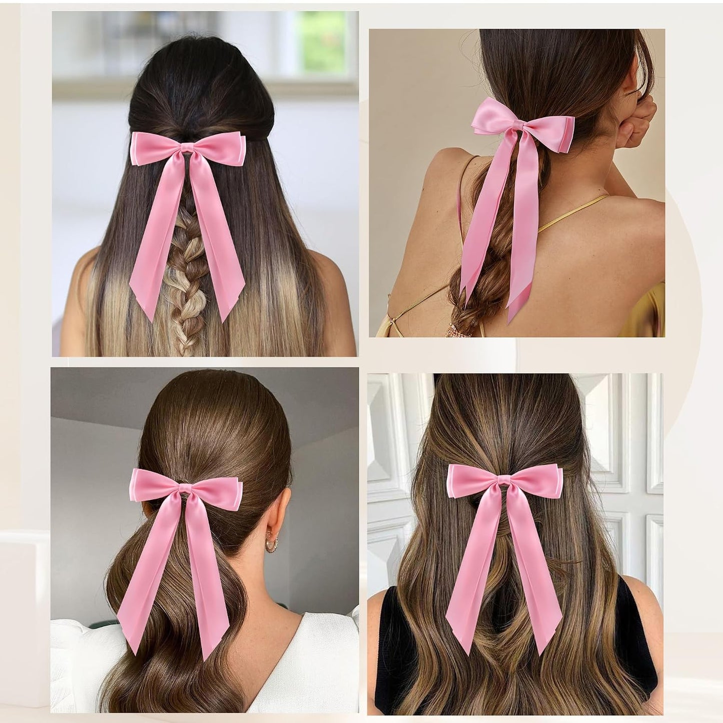 6Pcs Hair Bows Clips for Hair Silky Satin Ribbon Alligator Barrettes French Hair Ponytail Holders Cute Accessories for Women Girls(Pink)