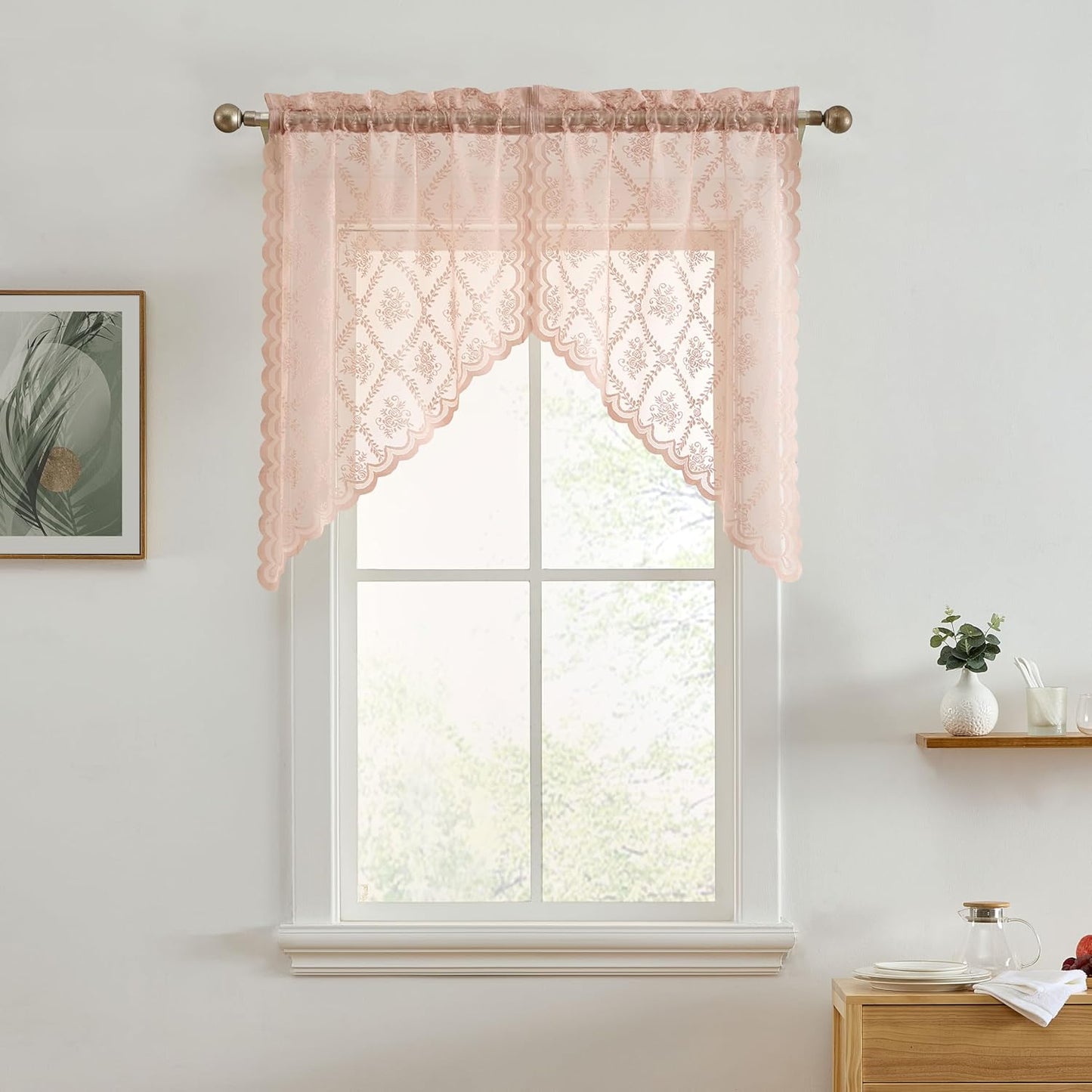 HLC.ME Isabella Floral Rod Pocket Lace Short Cafe Swags for Small Windows - 28 x 36 Inch Length (Blush Pink Swags, Set of 2)