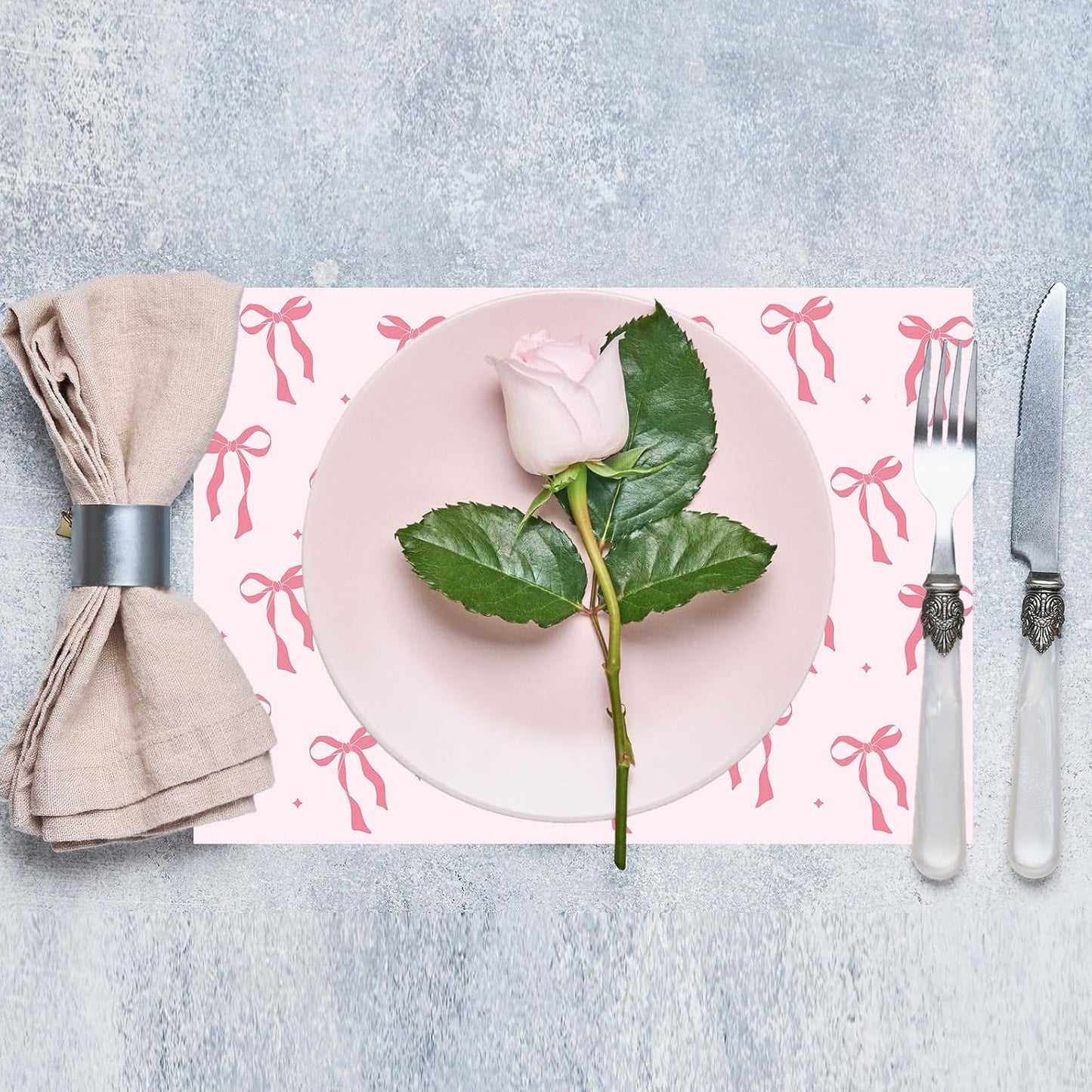FYSUIMU 50Pcs Pink Bow Paper Placemats Cute Coquette Bow Dinner Mats Disposable Table Mats for Wedding Baby Shower Birthday Bachelorette Party Table Setting