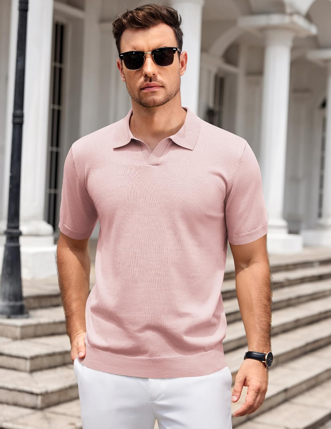 COOFANDY Men's V Neck Short Sleeve Stretch Knit Polo Shirt