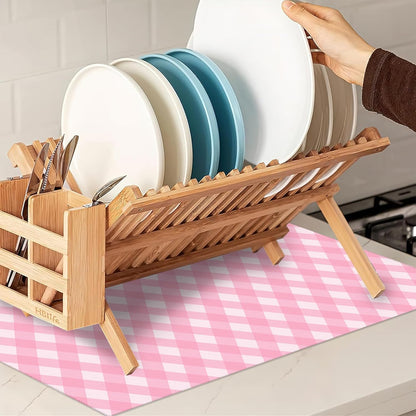 Pink White Checkered Dish Drying Mats 18x24 Inch, Dish Pad Drying Rack Mat for Kitchen Counter Ultra Absorbent Microfiber Dishware Coffee Maker Bar Countertop Decor