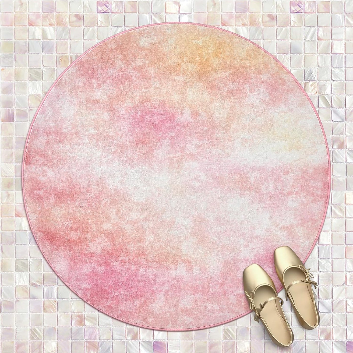 jinchan 4ft Round Rug Dreamy Abstract Washable Cute Entryway Mat Non Slip Elegant Peachy Pink Circle Rug Soft Low-Profile Artistic Cloud Effect Throw Carpet for Dorm Bathroom Playroom Balcony