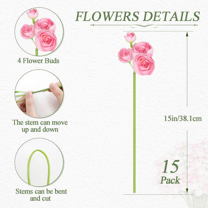 Ranunculus Artificial Flower Pink Faux Silk Mini Peony Flowers Fake Peonies Wedding Flowers DIY Bouquet for Centerpieces Arrangements Bridal Shower Decorations 15 Pcs