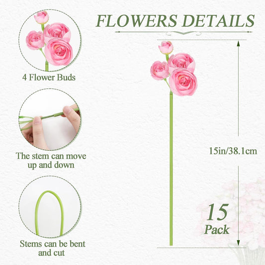 Ranunculus Artificial Flower Pink Faux Silk Mini Peony Flowers Fake Peonies Wedding Flowers DIY Bouquet for Centerpieces Arrangements Bridal Shower Decorations 15 Pcs