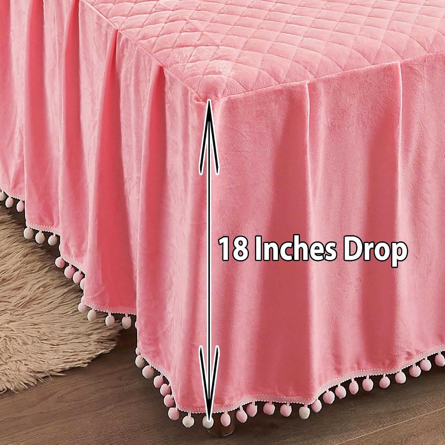 LIFEREVO Luxury Pom Poms Velvet Bed Skirt, Velvet Wrap Around Bed Skirt, Diamond Quilted Fitted Bed Sheet Bedskirt, 18 Inch Drop Dust Ruffle Decorative Bedspread Pompoms Fringe(Twin/Twin XL, Pink)
