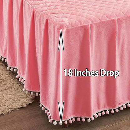 LIFEREVO Luxury Pom Poms Velvet Bed Skirt, Velvet Wrap Around Bed Skirt, Diamond Quilted Fitted Bed Sheet Bedskirt, 18 Inch Drop Dust Ruffle Decorative Bedspread Pompoms Fringe(Twin/Twin XL, Pink)