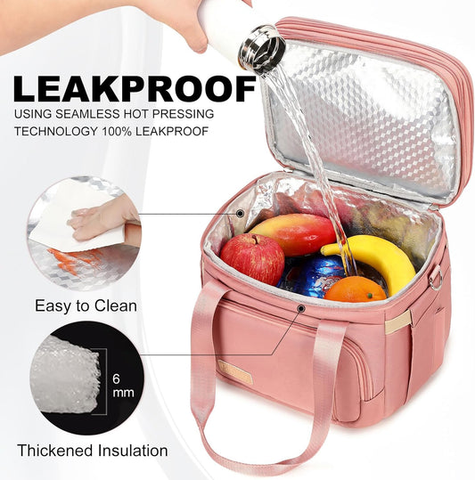 MAPLELILY Lunch Box for Men Women - Double Deck Insulated Lunch Bag, Large Leak Proof Tote Cooler, Wide Open Dual Compartment Lunch Bags with Shoulder Strap, For Work Picnic Hiking Beach, Pink