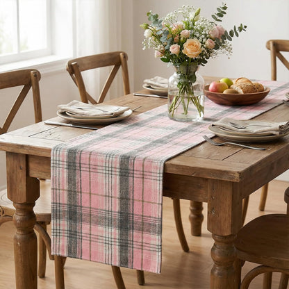 Artoid Mode Pink Grey Farmhouse Plaid Spring Table Runner, Winter Rustic Holiday Check Kitchen Dining Table Decoration for Home Party Decor 13x72 Inch