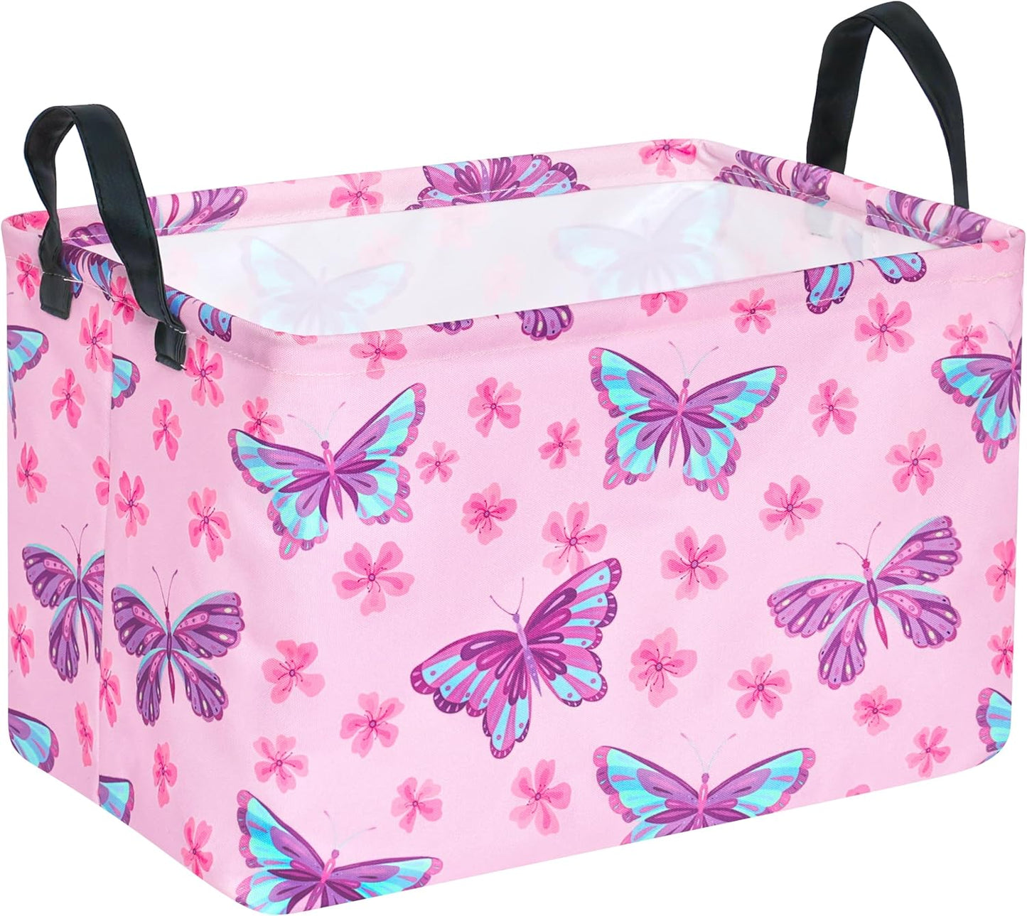 Pink Butterfly Storage Basket Gift Laundry Bins Collapsible Storage Baskets Box Laundry Nursery Hamper for Home and Office Decoration with Handles