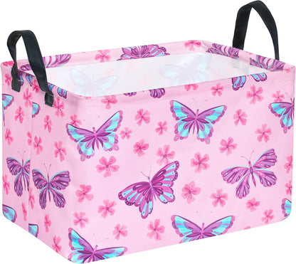 Pink Butterfly Storage Basket Gift Laundry Bins Collapsible Storage Baskets Box Laundry Nursery Hamper for Home and Office Decoration with Handles