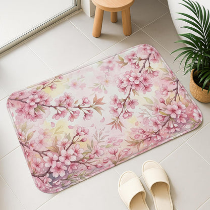 Floral Blossom Quick Dry Bath Mat, Elegant Peach Cherries Blossom Decorative Non Slip Shower Mat, Spring Washable Bath Rugs for Bathroom Toilet Restroom 20x32 Inch