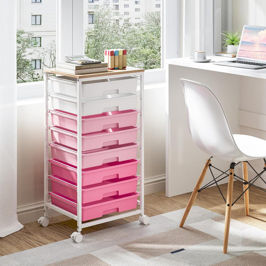 Rolling Cart with Drawers, Pink Cart with 8 Plastic Drawer Storage and Wooden Tabletop, Craft Storage, Teacher Cart, Storage Cart on Wheels, Rose Pink