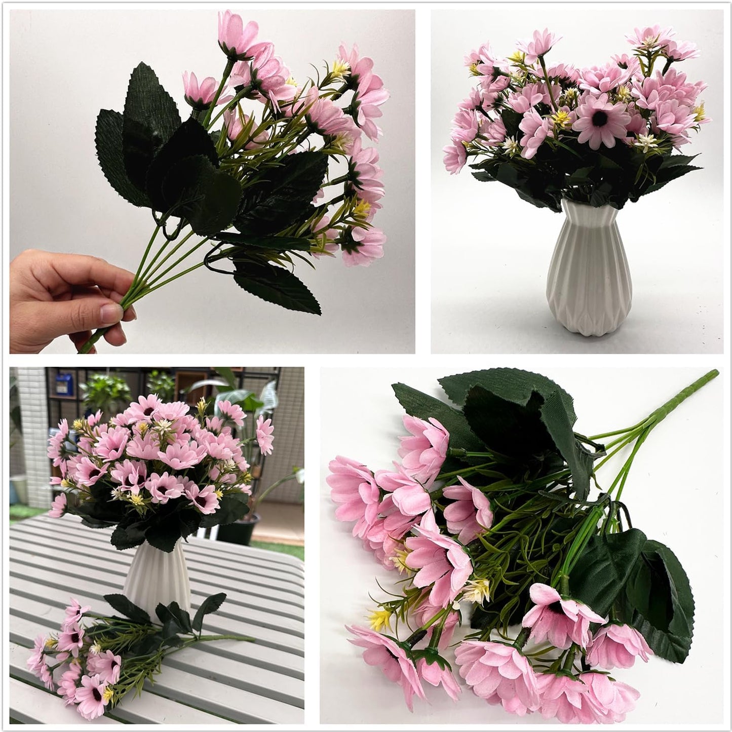 Artificial Daisies Flowers, Fake Silk Daisy Small Flower Marguerites Plants Decor 4 Bouquet, Faux Plastic Stems Bushes Greenery Bundles for Indoor Outdoor Verandah Wedding Spring Decorations - Pink