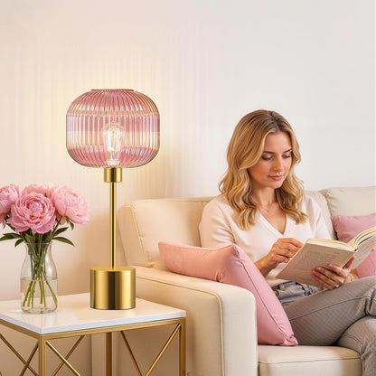 QiMH Glass Table Lamp for Living Room, Modern Bedside Lamp with Pink Ribbed Glass Shade, 3-Way Dimmable Touch Control Nightstand Lamp for Bedroom, Brushed Gold (2700K LED Bulb Included)