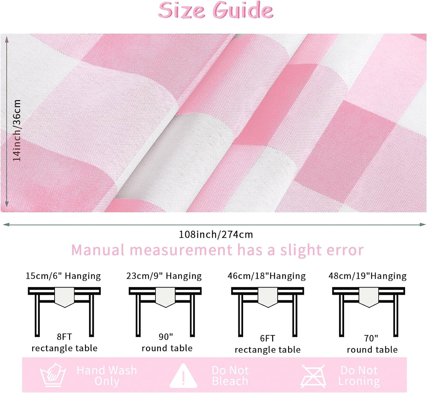 Cupuamon Fabric Checkered Table Runner 1 Pack Waterproof Gingham Table Runner 14W x 108L Buffalo Check Table Runners for Parties Kitchen Dining Wedding Banquet (Pink and White)
