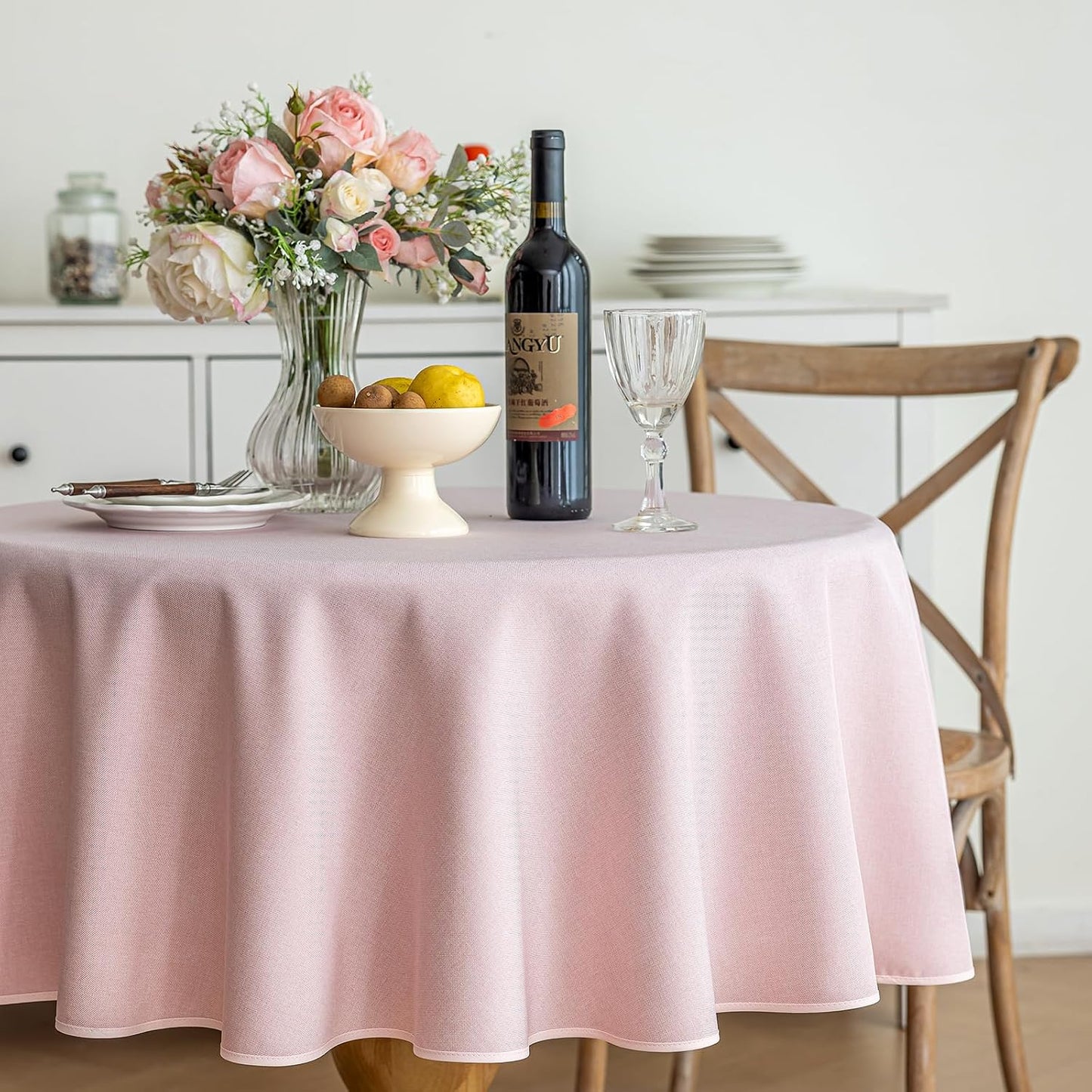 JIALE Pink Table Cloth, Round Tablecloth 60x60 Inches Waterproof Linen Tablecloths for Mothers Day Spring Summer,Dining Table Cover for Picnic/Party/Birthday