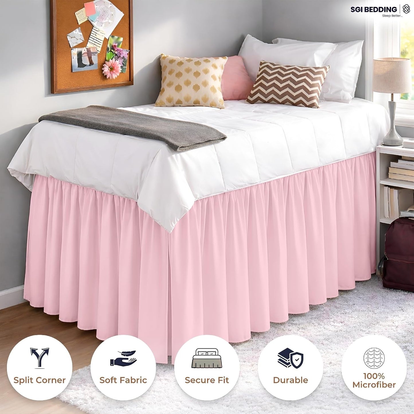 SGI bedding Dorm Bed Skirt Twin XL 30 Inch Drop Length - Pink, Ruffled Pattern College Dorm Room Bed Skirts - Split Corner, Easy Care, Wrinkle Free 1800 Series Microfiber Bed Skirt