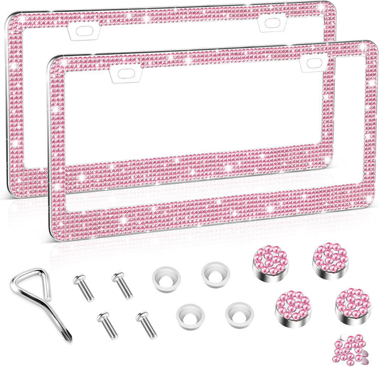 Amiss Bling License Plate Frame for Women, 2Pack Rhinestone Handcrafted Crystal Premium Stainless Steel, Stainless Steel Car Accessories with Diamond Sparkle Glitter Caps (Pink)