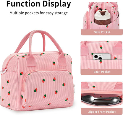 Lunch Bag Women Lunch Box for Women Adult Cute Insulated Lunch Bag Lager Cooler Lunch Tote Bags for Work Picnic (Pink-Strawberry)