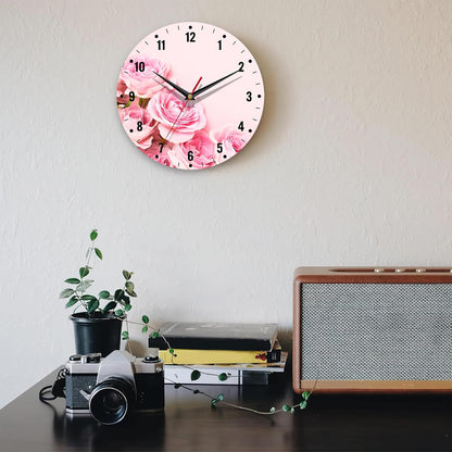 SPUNKER Wall Clock,Pink Roses Flowers Wall Clocks for Living Room Decor,Floral Kitchen Clocks Wall Battery Operated - 10 Inch Round Bathroom Wall Clock Silent Non-Ticking