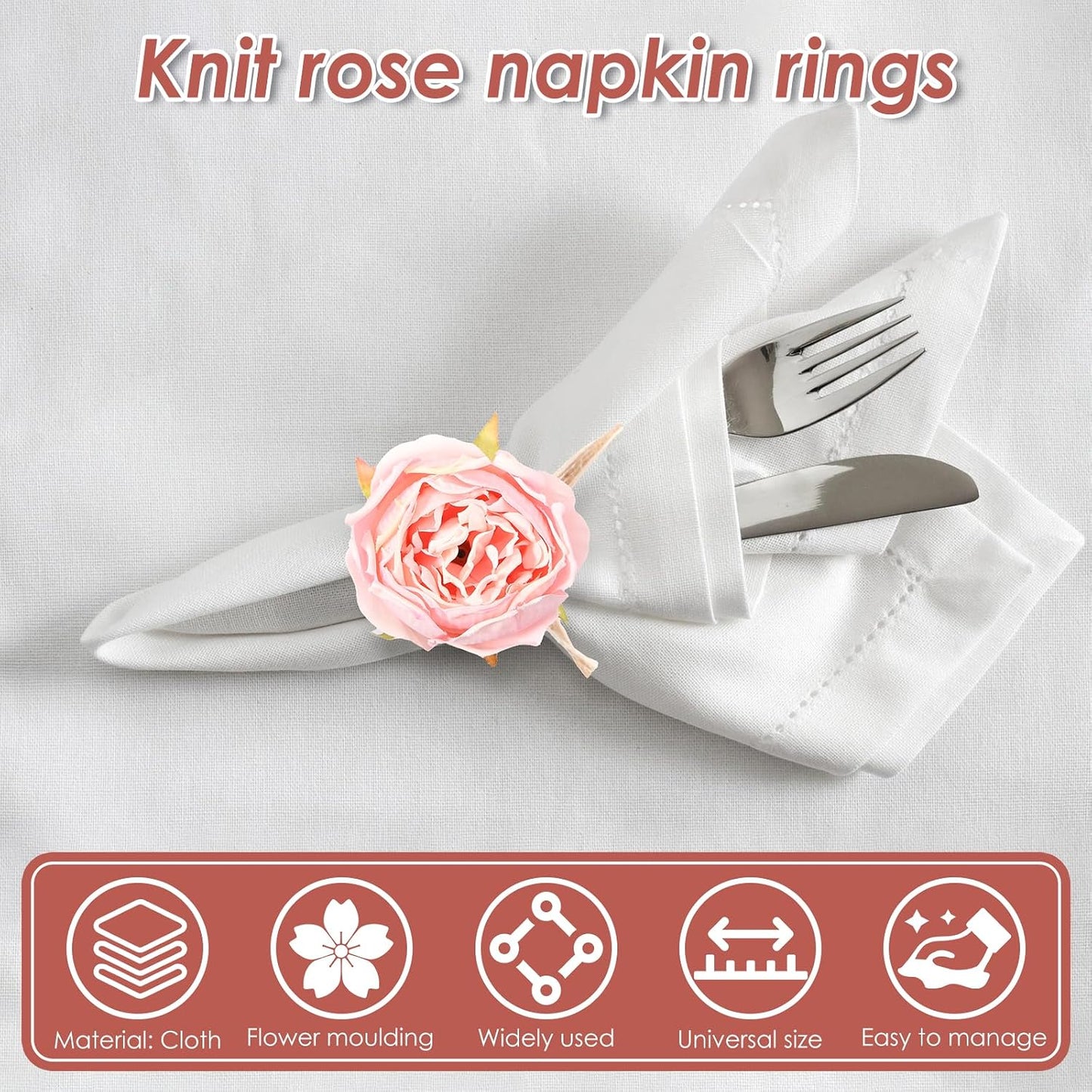 12 Pcs Pink Flower Napkin Rings Handcraft Flower Handmade Napkin Holder Rings Table Decorations, Champagne Rose Napkin Holder for Spring Wedding Banquet Luncheons Birthday Party